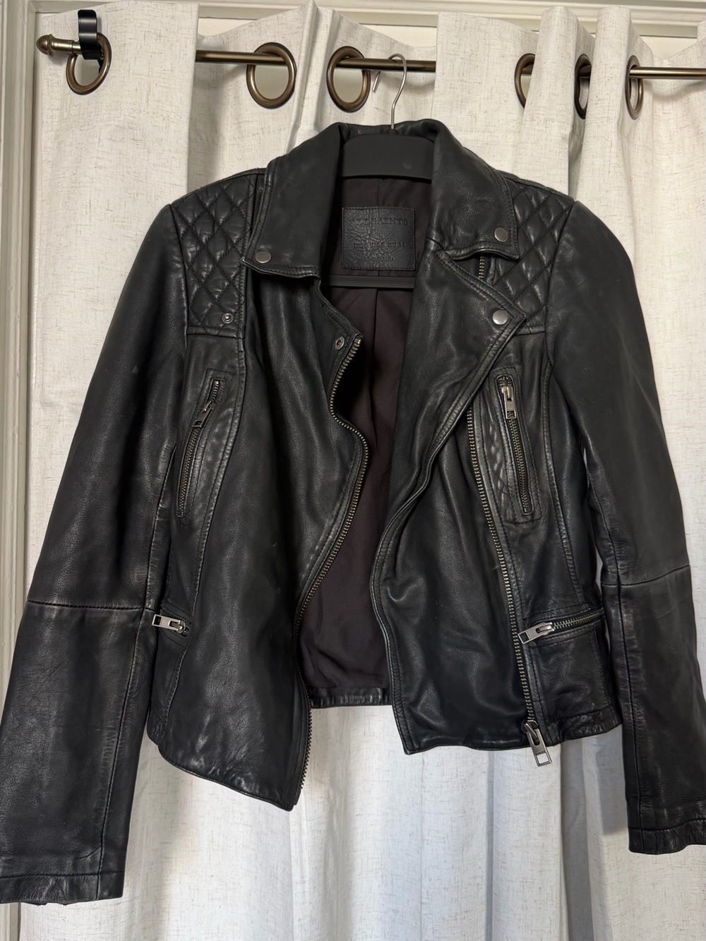 AllSaints Black Quilted-Shoulder Leather Moto Jacket